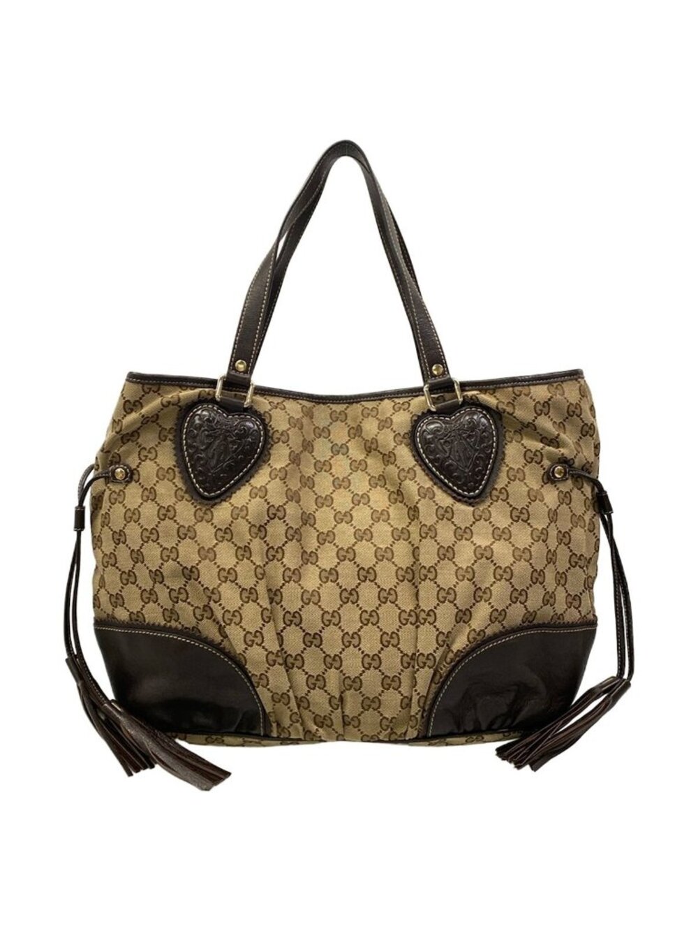 Gucci Tote Bag GG Pattern Beige Dark Brown Leather